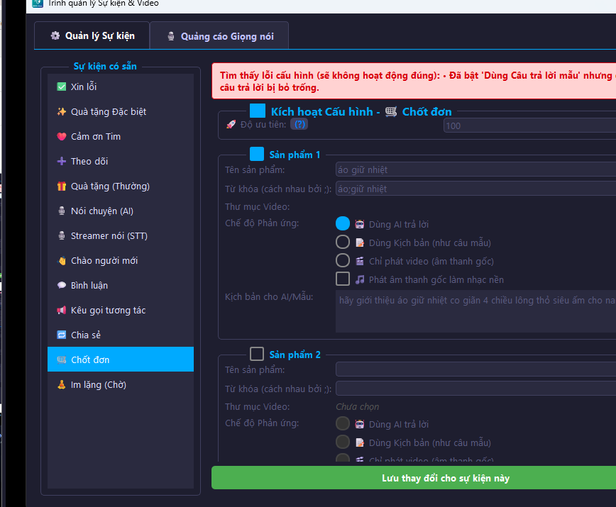 Cấu hình sự kiện